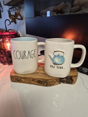 Set Of 2 Rae Dunn White Mugs with Light Blue Interior and Teapot Graphic